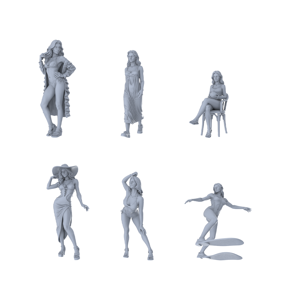 MRY-SFW LYTR574 Modern Beach Vacation Women Pose Group of 6 Miniature Car Diorama Figures Scene Props Accessories Resin 3D Printed Resin Model Kit by SSMODEL