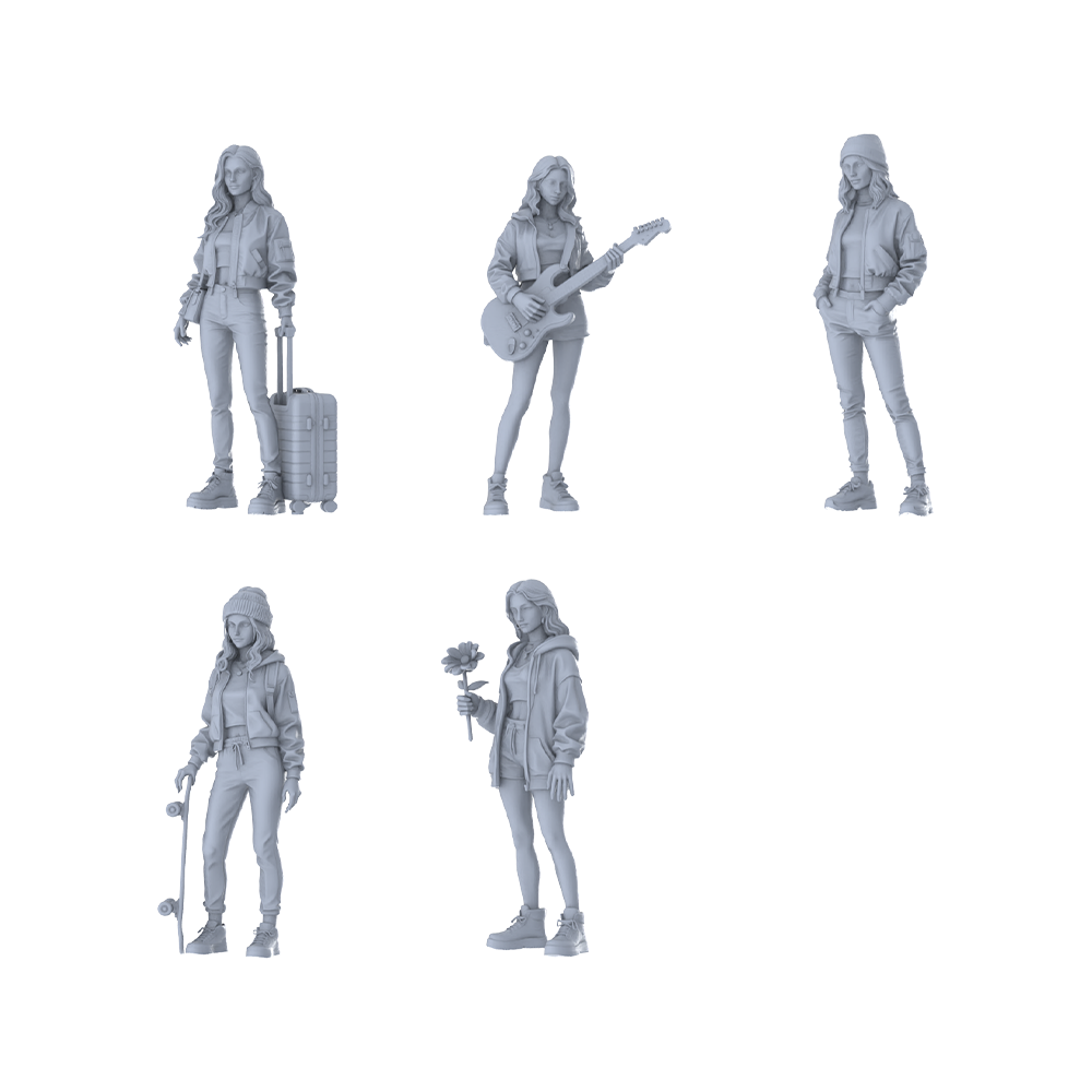 MRY-SFW LYTR648 Modern Trendy Lifestyle Style Young Female Multi-Pose Five-Person Set Miniature Car Diorama Figures Scene Props Accessories Resin 3D Printed Resin Model Kit by SSMODEL