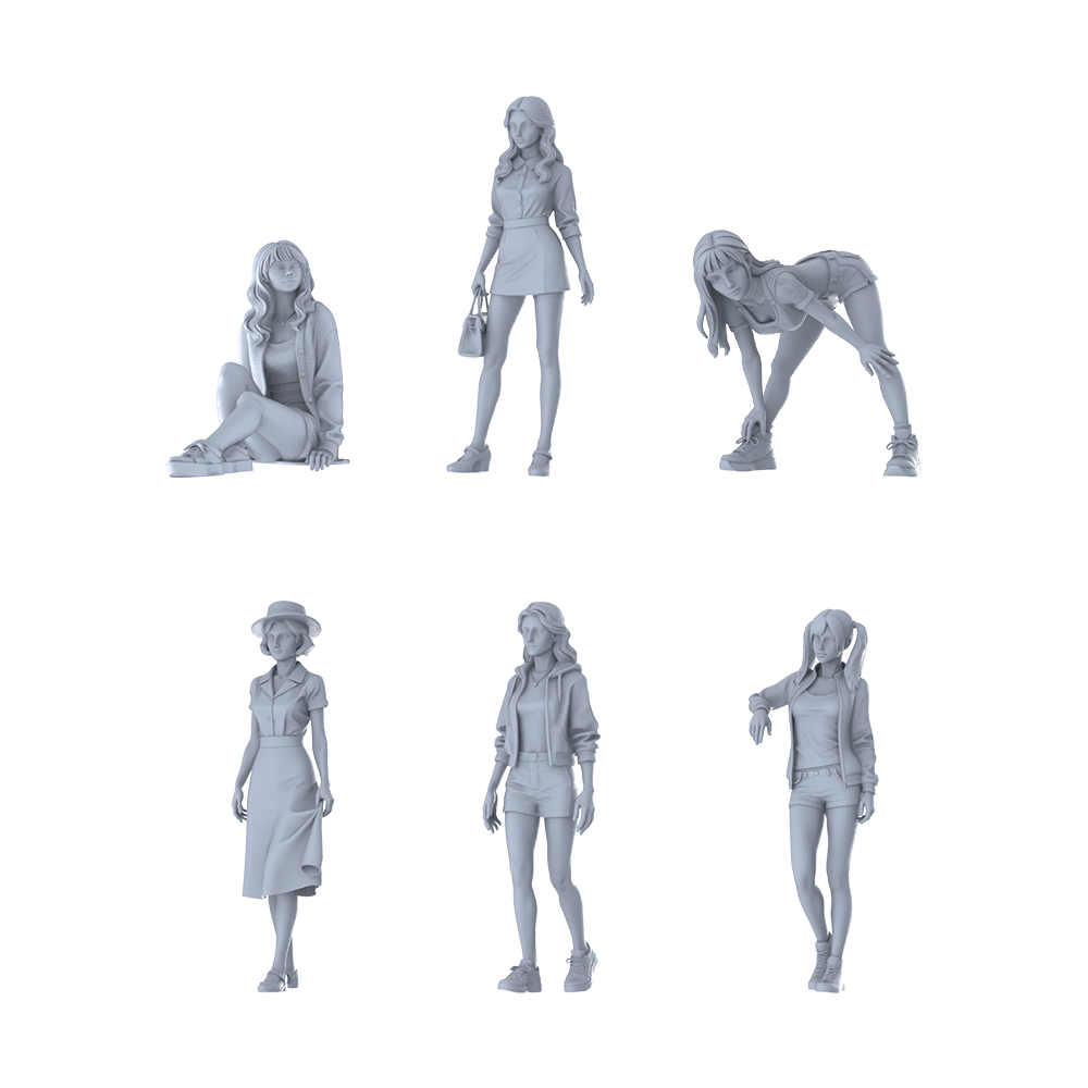 MRY-SFW LYTR662 Modern Fresh Daily Style Young Female Multi-Pose Six-Person Set Miniature Car Diorama Figures Scene Props Accessories Resin 3D Printed Resin Model Kit by SSMODEL