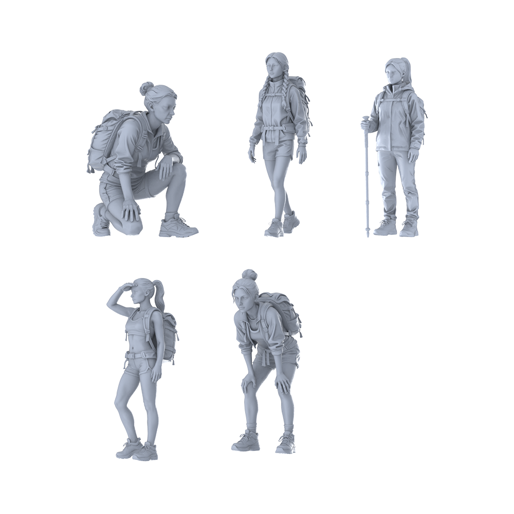 MRY-SFW LYTR676 Modern Outdoor Hiking Mountaineering Style Female Multi-Pose Five-Person Set Miniature Car Diorama Figures Scene Props Accessories Resin 3D Printed Resin Model Kit by SSMODEL
