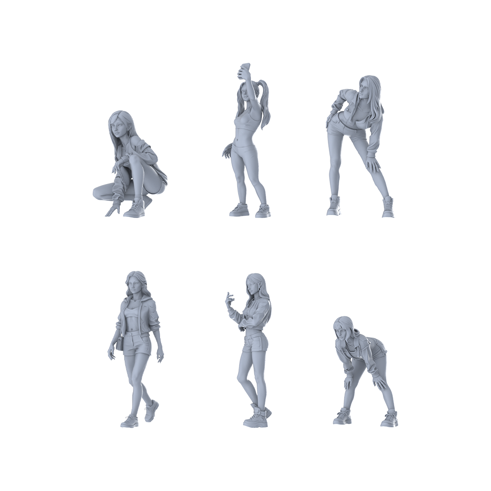 MRY-SFW LYTR661 Modern Casual Daily Style Young Female Multi-Pose Six-Person Set Miniature Car Diorama Figures Scene Props Accessories Resin 3D Printed Resin Model Kit by SSMODEL