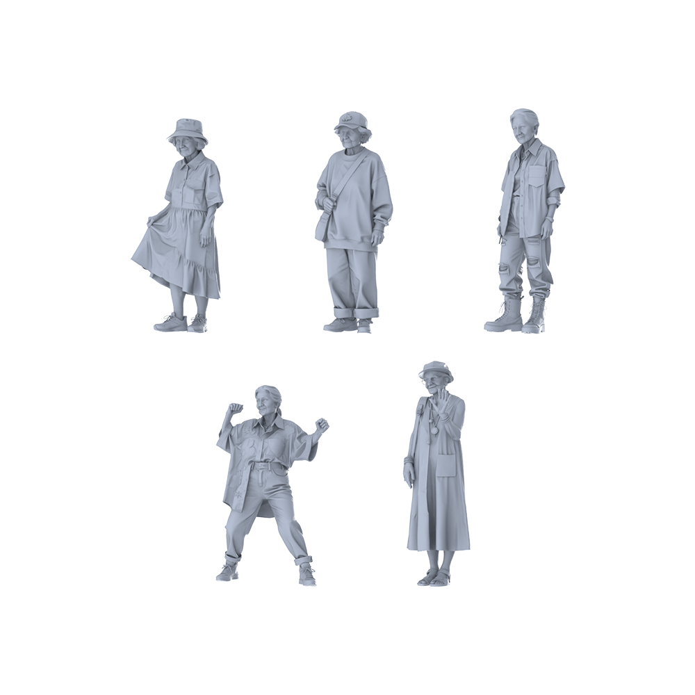 MRY-SFW LYTR646 Modern Trendy Vitality Style Elderly Female Multi-Pose Five-Person Set Miniature Car Diorama Figures Scene Props Accessories Resin 3D Printed Resin Model Kit by SSMODEL