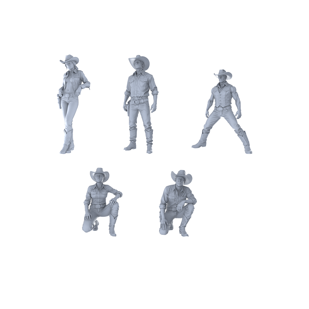 MRY-SFW LYTR542 American West Cowboys Cowgirls Five in Standing Crouching Poses Miniature Car Diorama Figures Scene Props Accessories Resin 3D Printed Resin Model Kit by SSMODEL