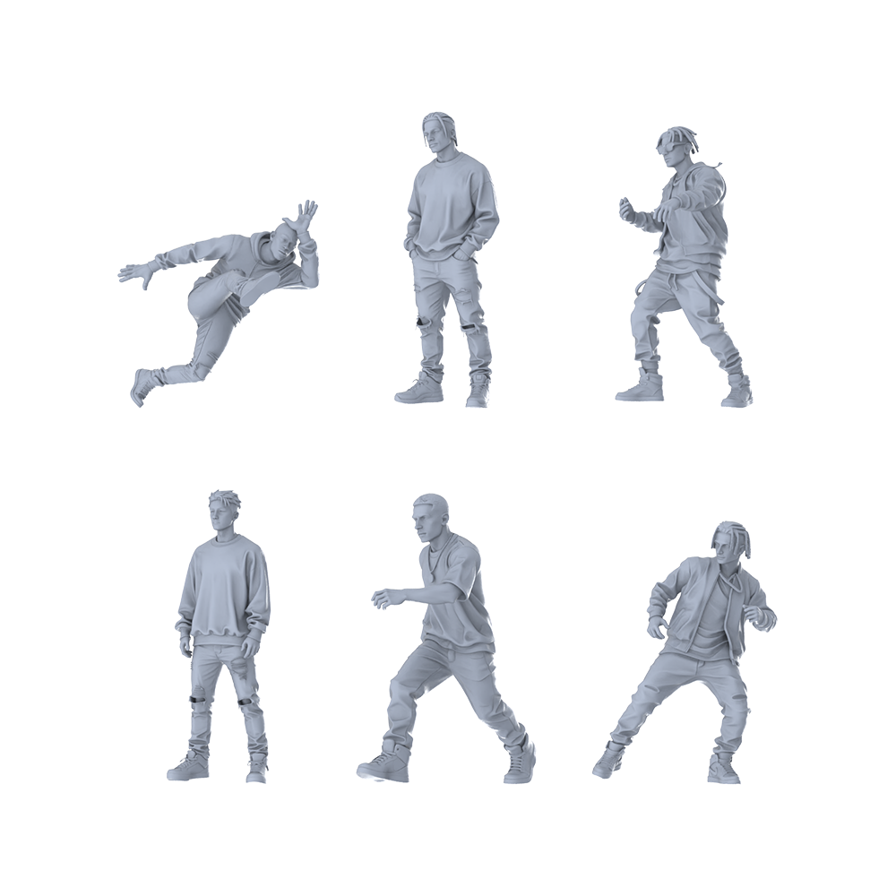 MRY-SFW LYTR627 Modern Street Hip-Hop Style Youth Male Multi-Pose Six-Person Set Miniature Car Diorama Figures Scene Props Accessories Resin 3D Printed Resin Model Kit by SSMODEL