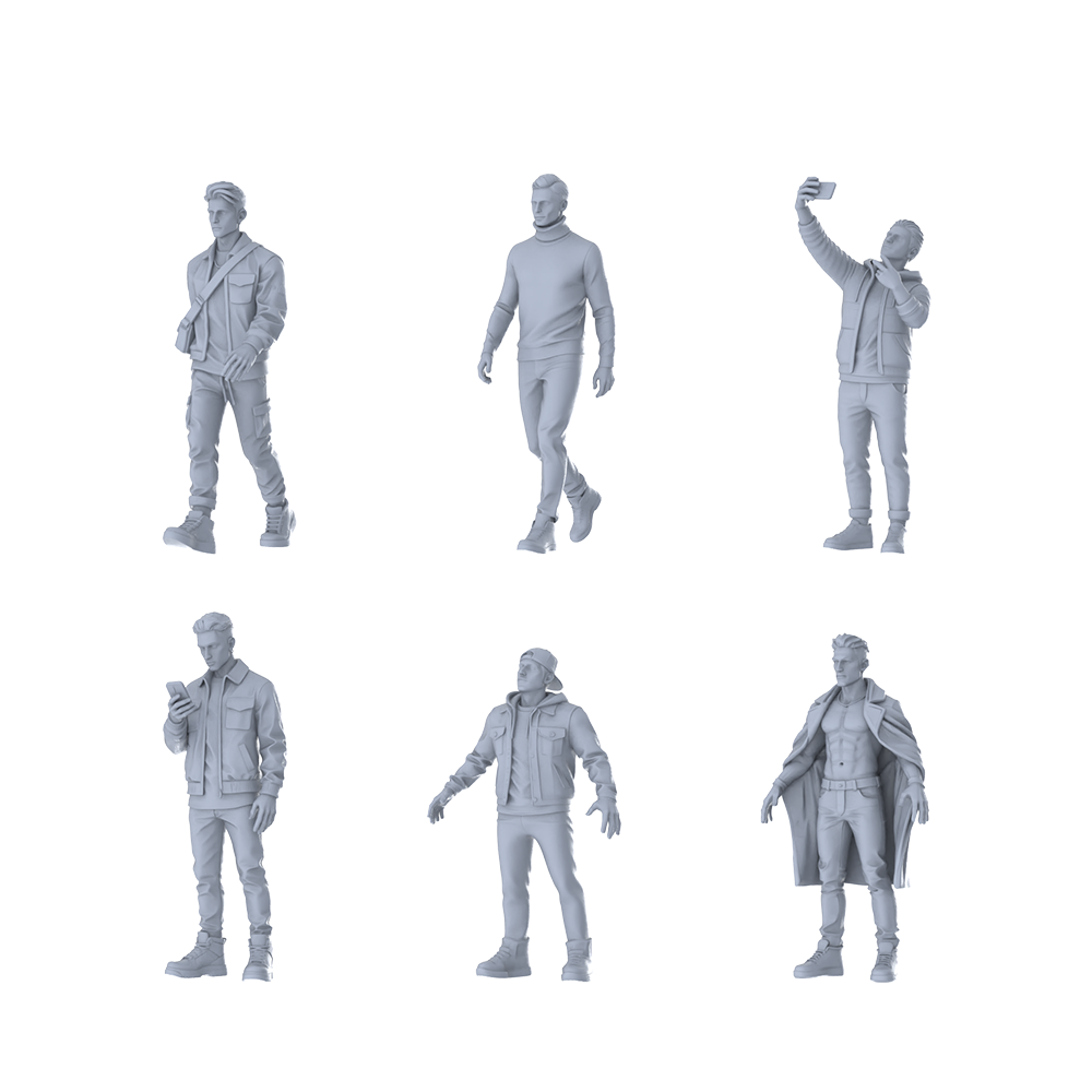 MRY-SFW LYTR606 Modern Urban Style Youth Male Multi-Pose Six-Person Set Miniature Car Diorama Figures Scene Props Accessories Resin 3D Printed Resin Model Kit by SSMODEL