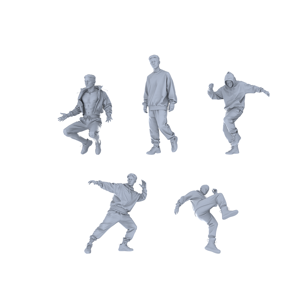 MRY-SFW LYTR628 Modern Street Trend Style Youth Male Multi-Pose Five-Person Set Miniature Car Diorama Figures Scene Props Accessories Resin 3D Printed Resin Model Kit by SSMODEL