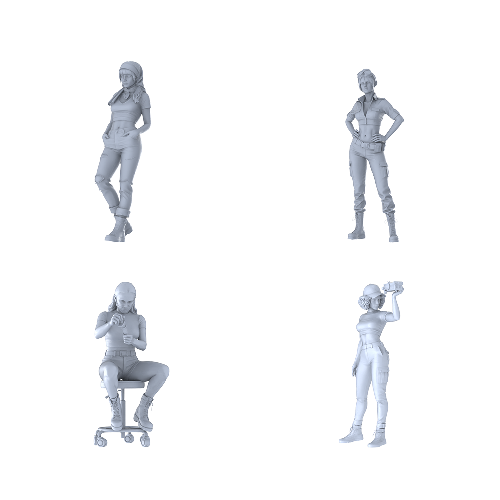 MRY-SFW LYTR594 Modern Trendy Utility-Style Women Maintenance Pose Group of 4 Miniature Car Diorama Figures Scene Props Accessories Resin 3D Printed Resin Model Kit by SSMODEL