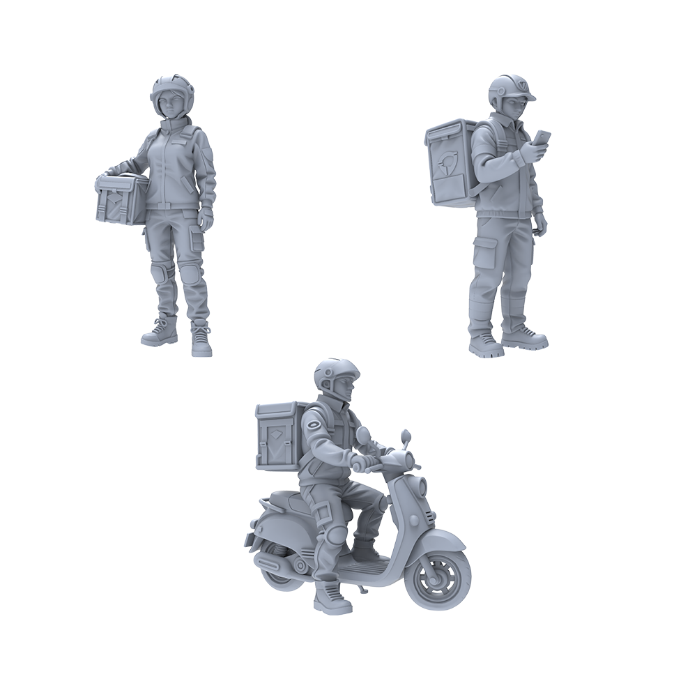 Yao's Studio LYTR024 Food Delivery Scene Resin Miniature Model 3-Piece Set - Delivery Riders & Scooter Unpainted DIY Model Painting Urban Scene Decor 1set 3D Printed Resin Model Kit by SSMODEL