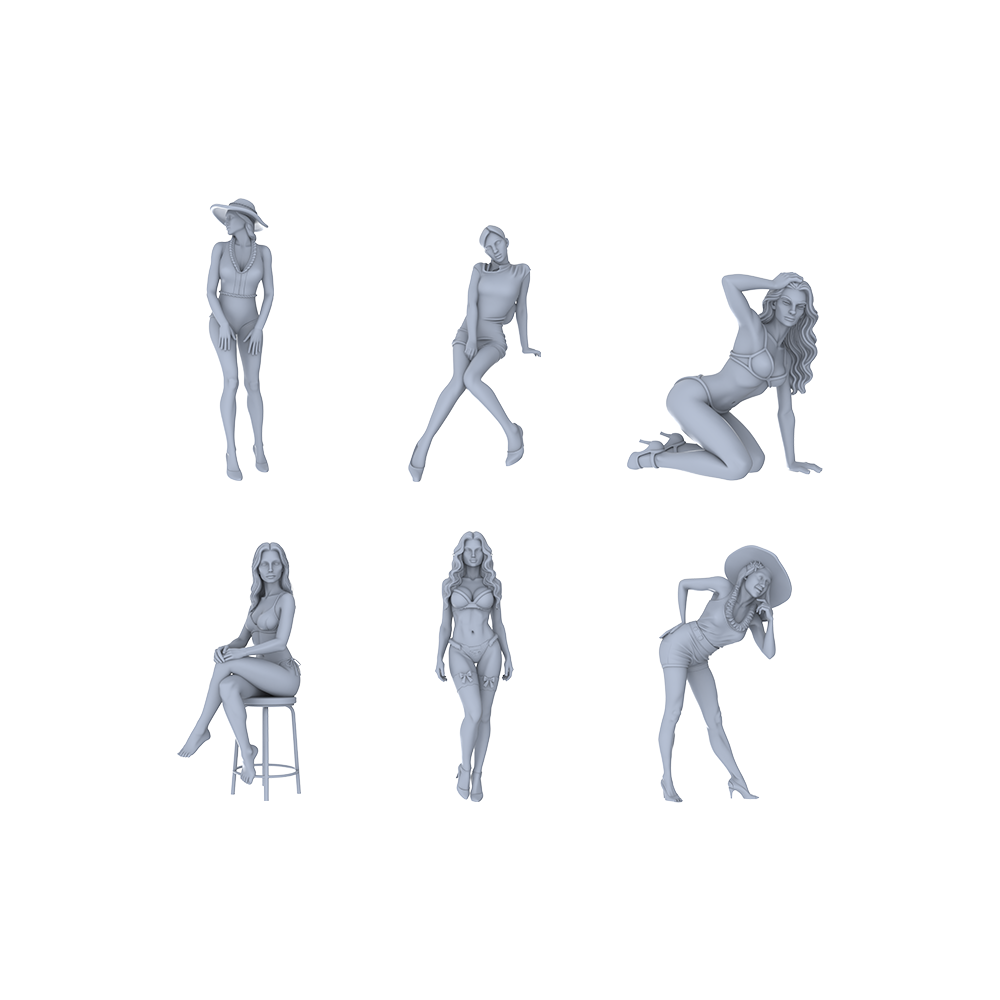 Yao's Studio LYTR061 Summer Beach Fashion Female Resin Miniature Model 6-Figure Set - Beach Dressed Women Unpainted DIY Model Painting Beach Scene Decor 1set 3D Printed Resin Model Kit by SSMODEL