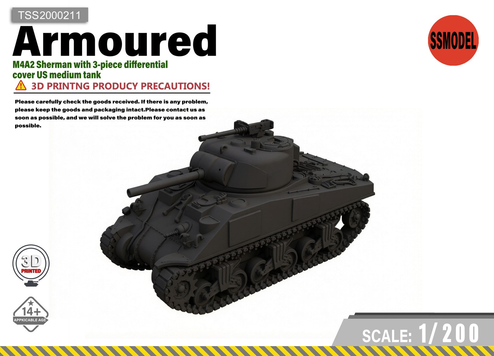 SSMODEL 1/200 M4A2 Sherman US medium Tank Resin MODEL KIT TSS2000211