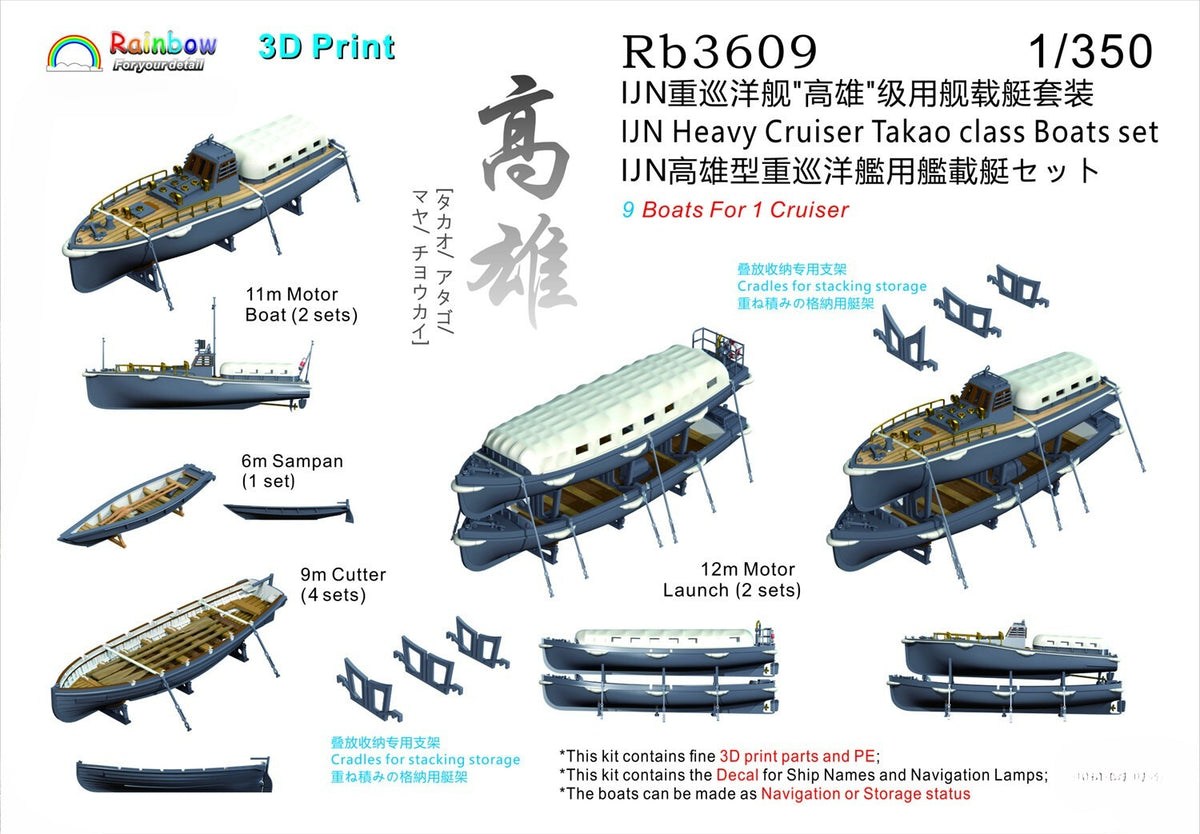 Rainbow PE 1/350 IJN Heavy Cruiser Takao class Boats set (9 boats) Rb3609 — scale model kit