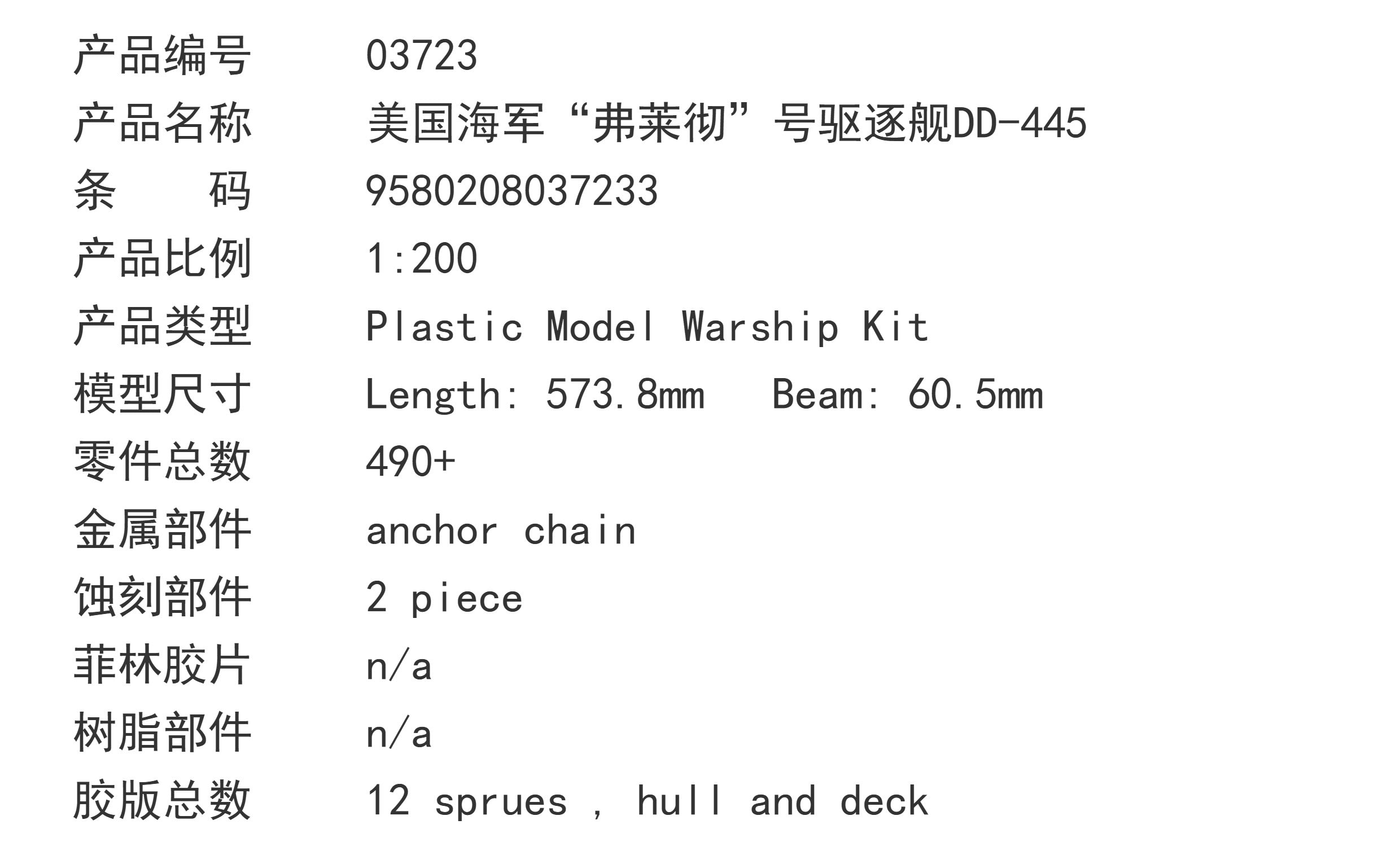 Trumpeter 03723 1:200 USS NAVY Fletcher DD-445 Destroyer Model Assembly Kit