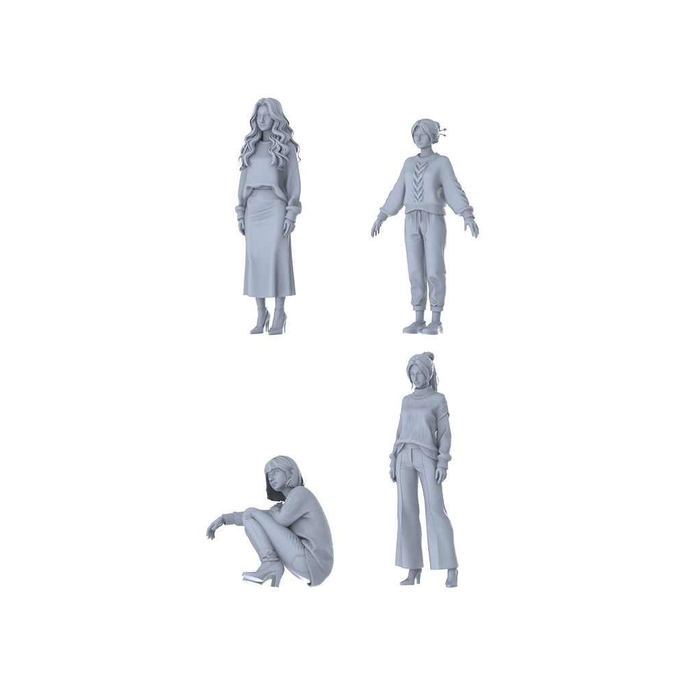 MRY-SFW LYTR655 Modern Autumn Winter Gentle Style Young Female Multi-Pose Four-Person Set Miniature Car Diorama Figures Scene Props Accessories Resin 3D Printed Resin Model Kit by SSMODEL