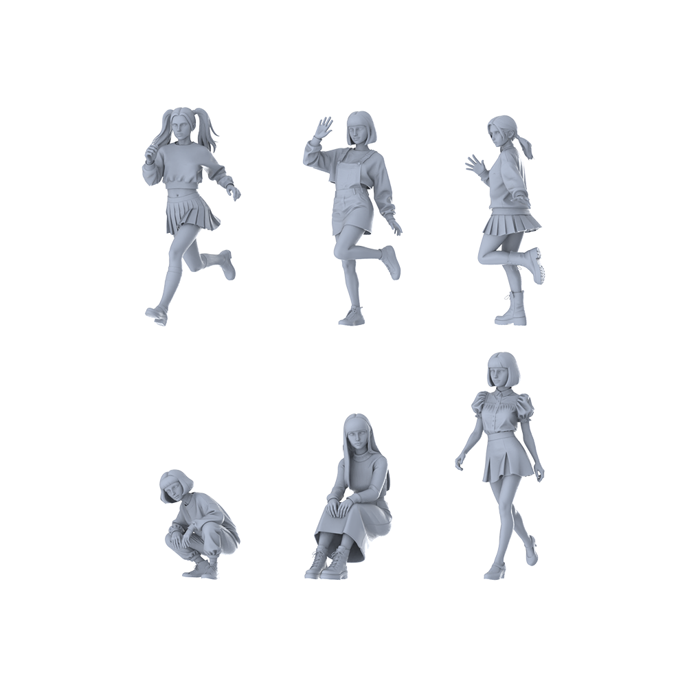 MRY-SFW LYTR645 Modern Youthful Girl Style Young Female Multi-Pose Six-Person Set Miniature Car Diorama Figures Scene Props Accessories Resin 3D Printed Resin Model Kit by SSMODEL