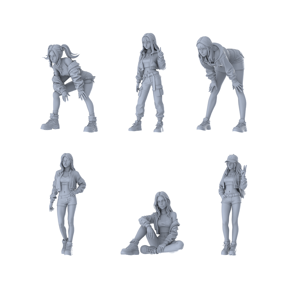 MRY-SFW LYTR653 Modern Trendy Street Style Young Female Multi-Pose Six-Person Set Miniature Car Diorama Figures Scene Props Accessories Resin 3D Printed Resin Model Kit by SSMODEL