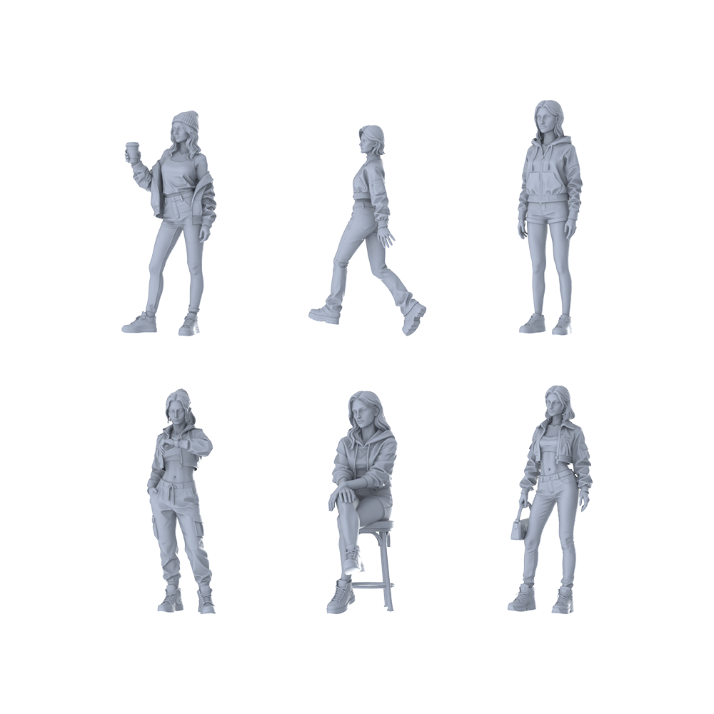 MRY-SFW LYTR640 Modern Street Casual Style Young Female Multi-Pose Six-Person Set Miniature Car Diorama Figures Scene Props Accessories Resin 3D Printed Resin Model Kit by SSMODEL