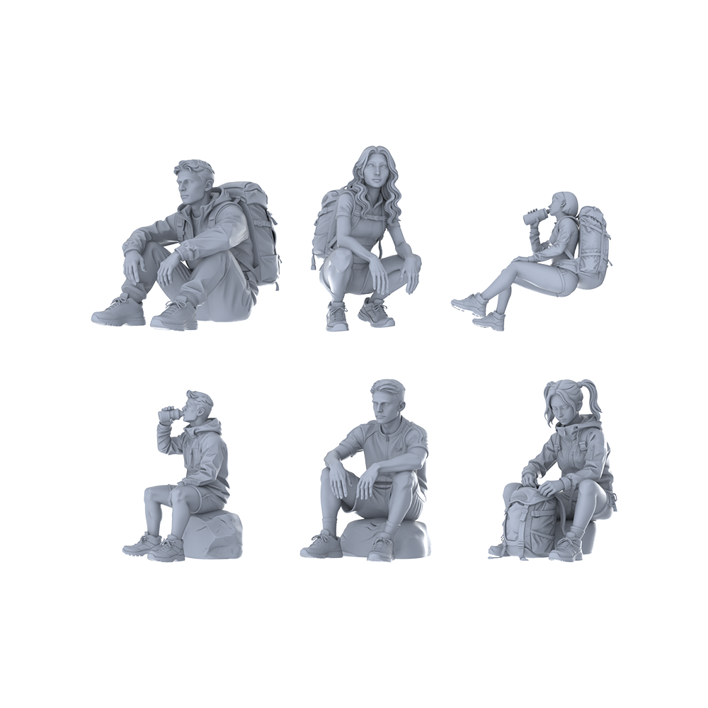 MRY-SFW LYTR675 Modern Outdoor Hiking Rest Style Multi-Character Multi-Pose Six-Person Set Miniature Car Diorama Figures Scene Props Accessories Resin 3D Printed Resin Model Kit by SSMODEL