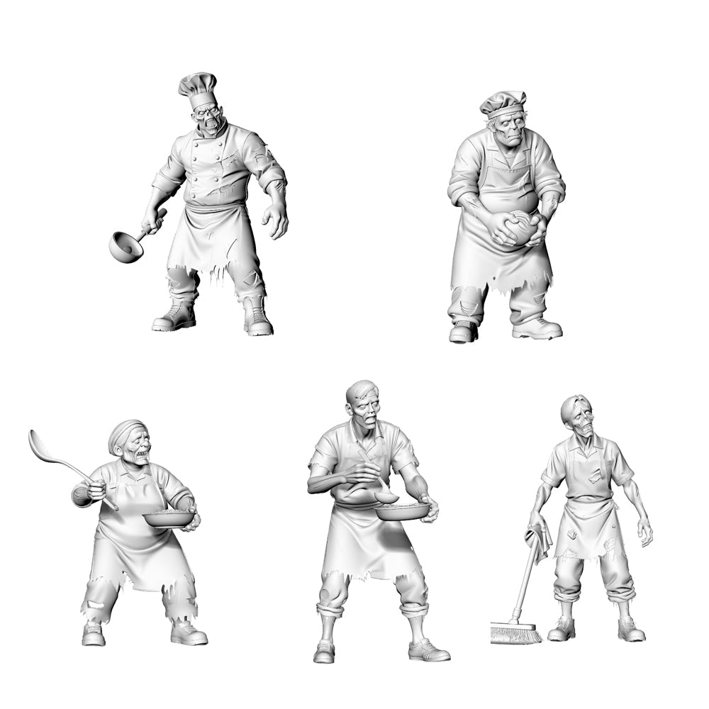 MRY-SFW LYGR321 3D Printed Canteen Staff Zombies Set - Cook, Baker, Server, Cleaner Unpainted Model Kit 3D Printed Resin Model Kit by SSMODEL