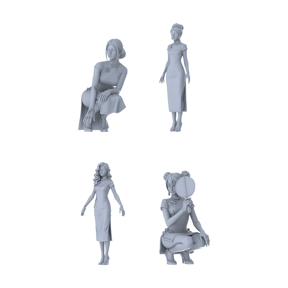 MRY-SFW LYTR660 Modern Chinese Cheongsam Style Young Female Multi-Pose Four-Person Set Miniature Car Diorama Figures Scene Props Accessories Resin 3D Printed Resin Model Kit by SSMODEL
