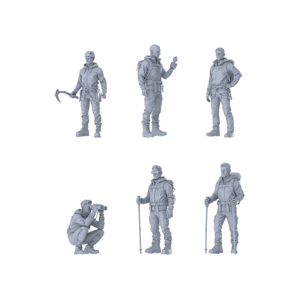 MRY-SFW LYTR669 Modern Outdoor Mountaineering Adventure Style Male Multi-Pose Six-Person Set Miniature Car Diorama Figures Scene Props Accessories Resin 3D Printed Resin Model Kit by SSMODEL