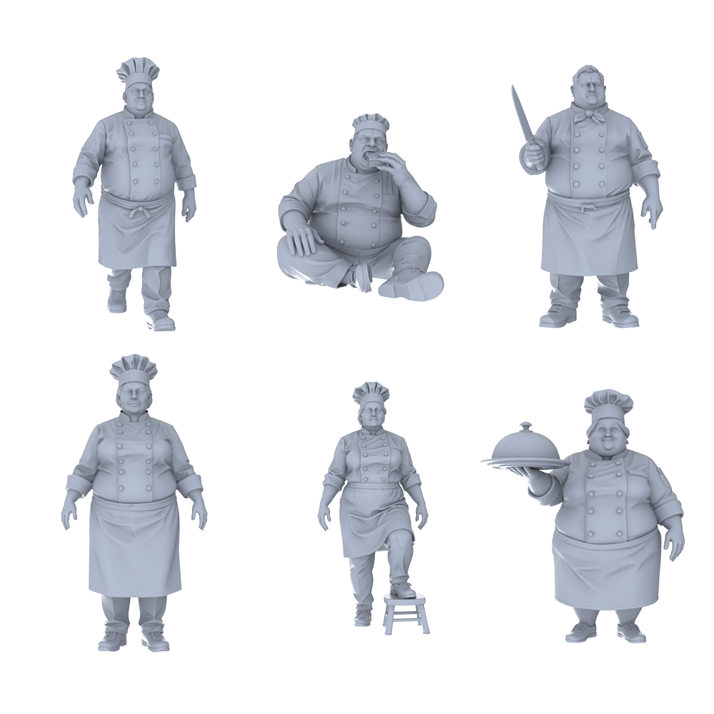 MRY-SFW LYTR688 Modern Figure Fat Chef Food Service 6 pcs Miniature Car Diorama Figures Scene Props Accessories Resin 3D Printed Resin Model Kit by SSMODEL