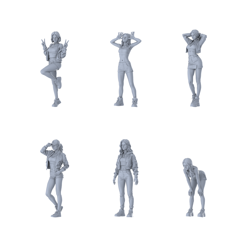 MRY-SFW LYTR631 Modern Sweet Cool Hot Girl Style Young Female Multi-Pose Six-Person Set Miniature Car Diorama Figures Scene Props Accessories Resin 3D Printed Resin Model Kit by SSMODEL