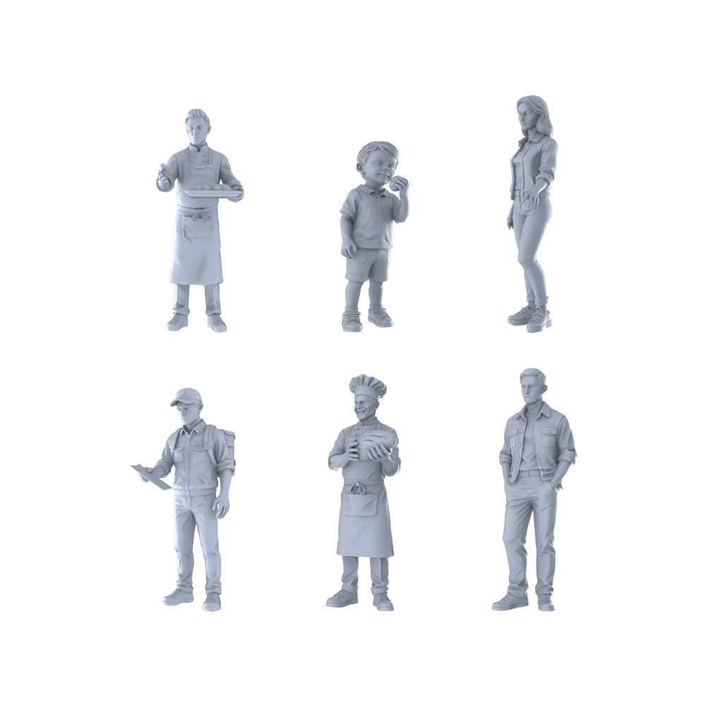 MRY-SFW LYTR474 Modern Street Food Workers Food Group of 6 Miniature Car Diorama Figures Scene Props Accessories Resin 3D Printed Resin Model Kit by SSMODEL