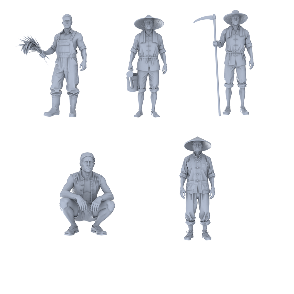MRY-SFW LYTR774 Traditional Chinese Farmer Laboring Figure 5 pcs Miniature Car Diorama Figures Scene Props Accessories Resin 3D Printed Resin Model Kit by SSMODEL