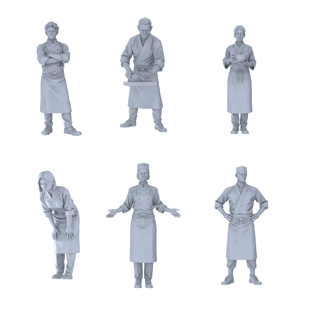 MRY-SFW LYTR689 Modern Figure Chef Sushi 6 pcs Miniature Car Diorama Figures Scene Props Accessories Resin 3D Printed Resin Model Kit by SSMODEL