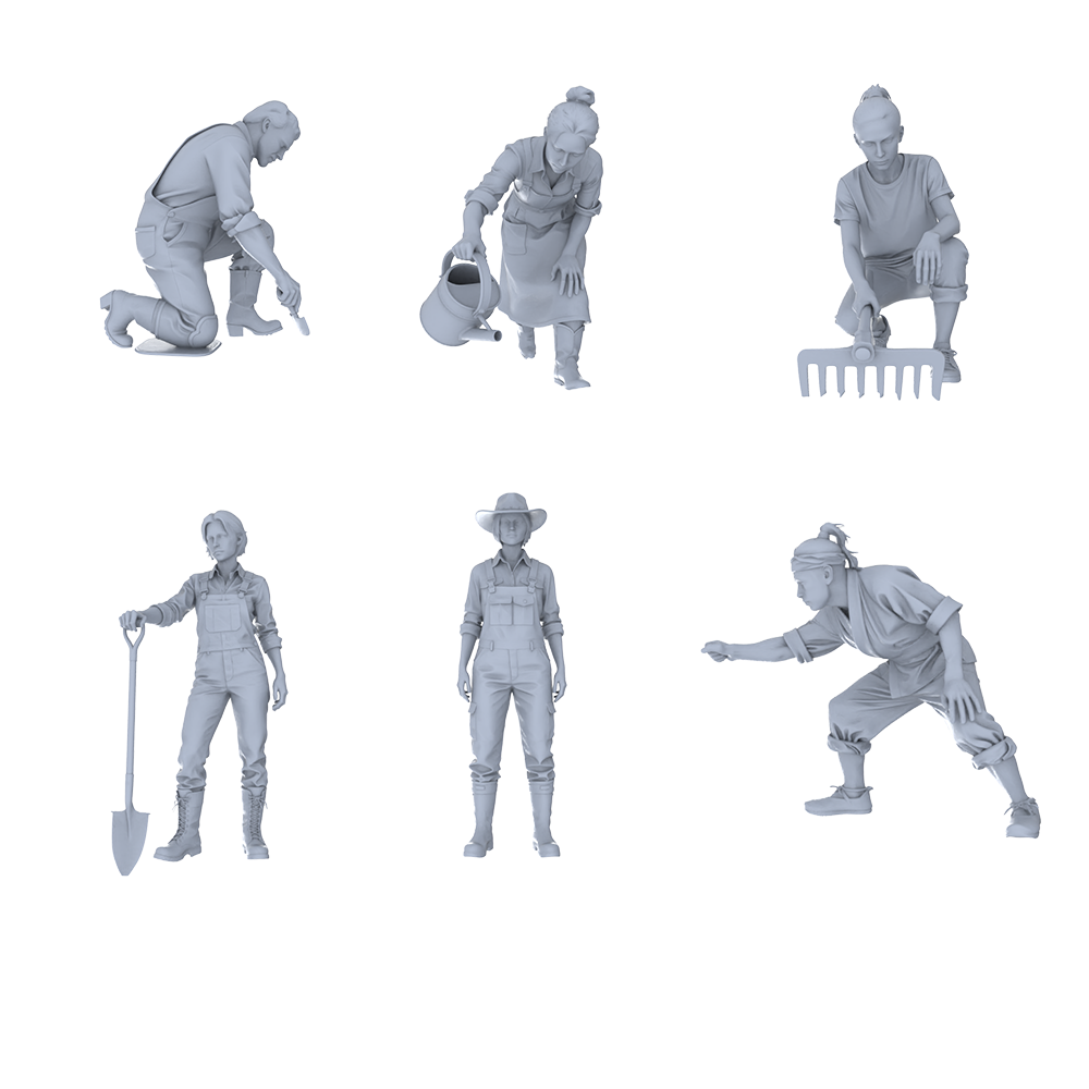 MRY-SFW LYTR767 Gardening Laboring Figure 6 pcs Miniature Car Diorama Figures Scene Props Accessories Resin 3D Printed Resin Model Kit by SSMODEL