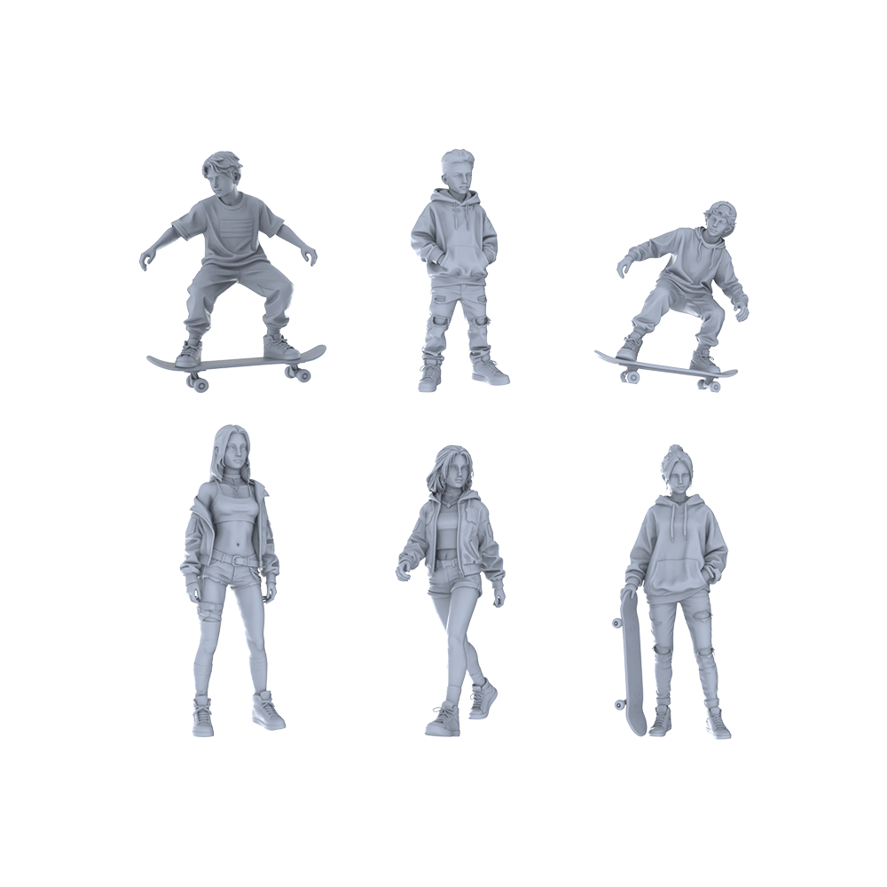 Yao's Studio LYTR327 Unpainted Skateboarder Miniatures 6-Pack | For Street Diorama & Hobby Painting Miniatures Diorama Resin Figures 3D Printed Resin Model Kit by SSMODEL