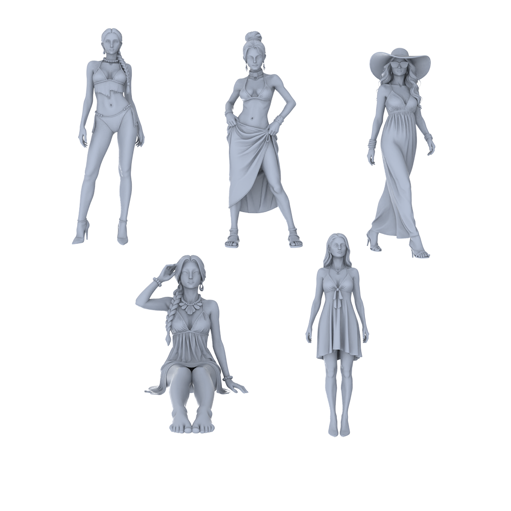 MRY-SFW LYTR736 Modern Beach Vacation Female 5 pcs Miniature Car Diorama Figures Scene Props Accessories Resin 3D Printed Resin Model Kit by SSMODEL