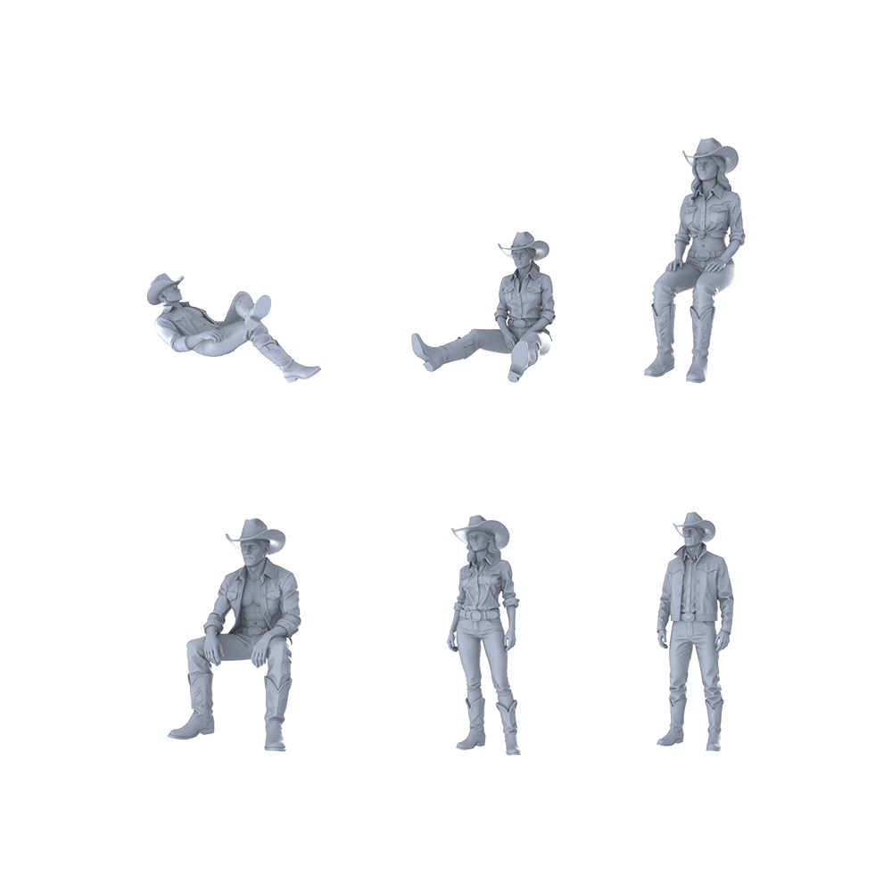 MRY-SFW LYTR541 American West Cowboys Cowgirls Six in Sitting Standing Poses Miniature Car Diorama Figures Scene Props Accessories Resin 3D Printed Resin Model Kit by SSMODEL