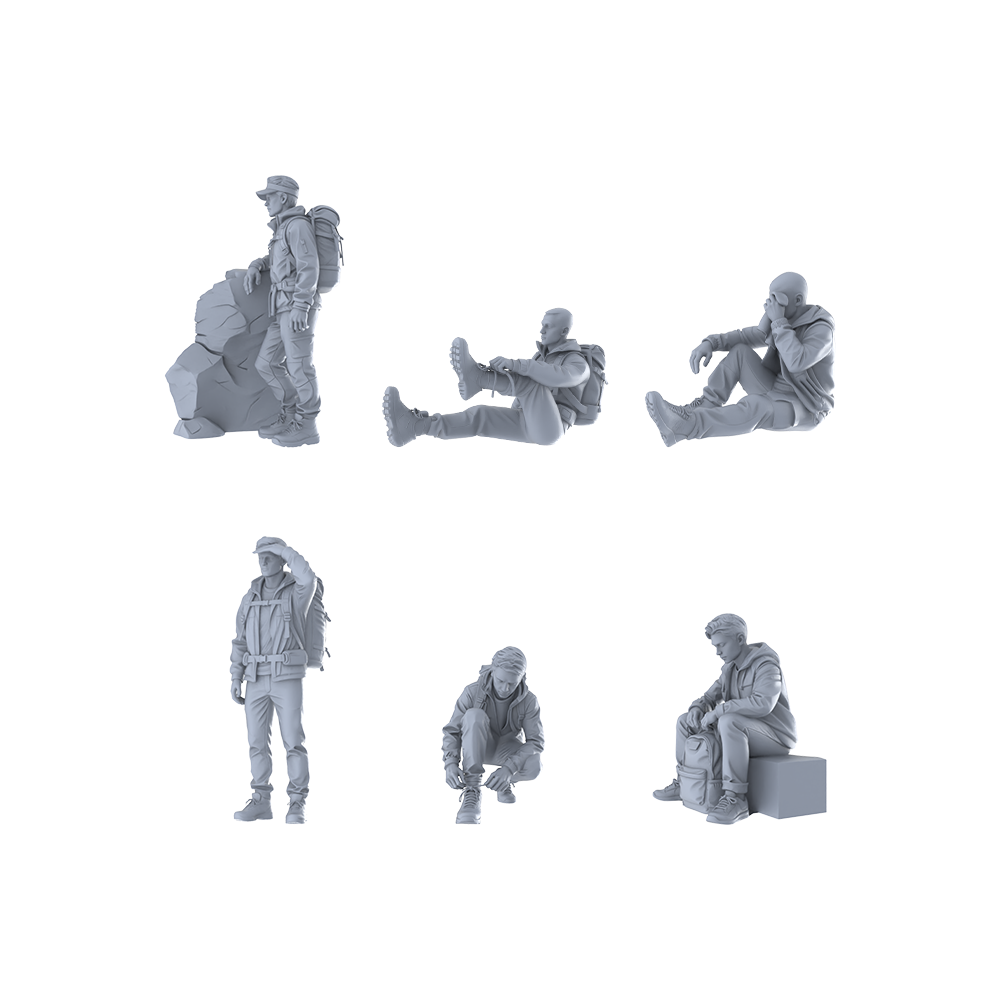 MRY-SFW LYTR678 Modern Outdoor Hiking Rest Style Male Multi-Pose Six-Person Set Miniature Car Diorama Figures Scene Props Accessories Resin 3D Printed Resin Model Kit by SSMODEL