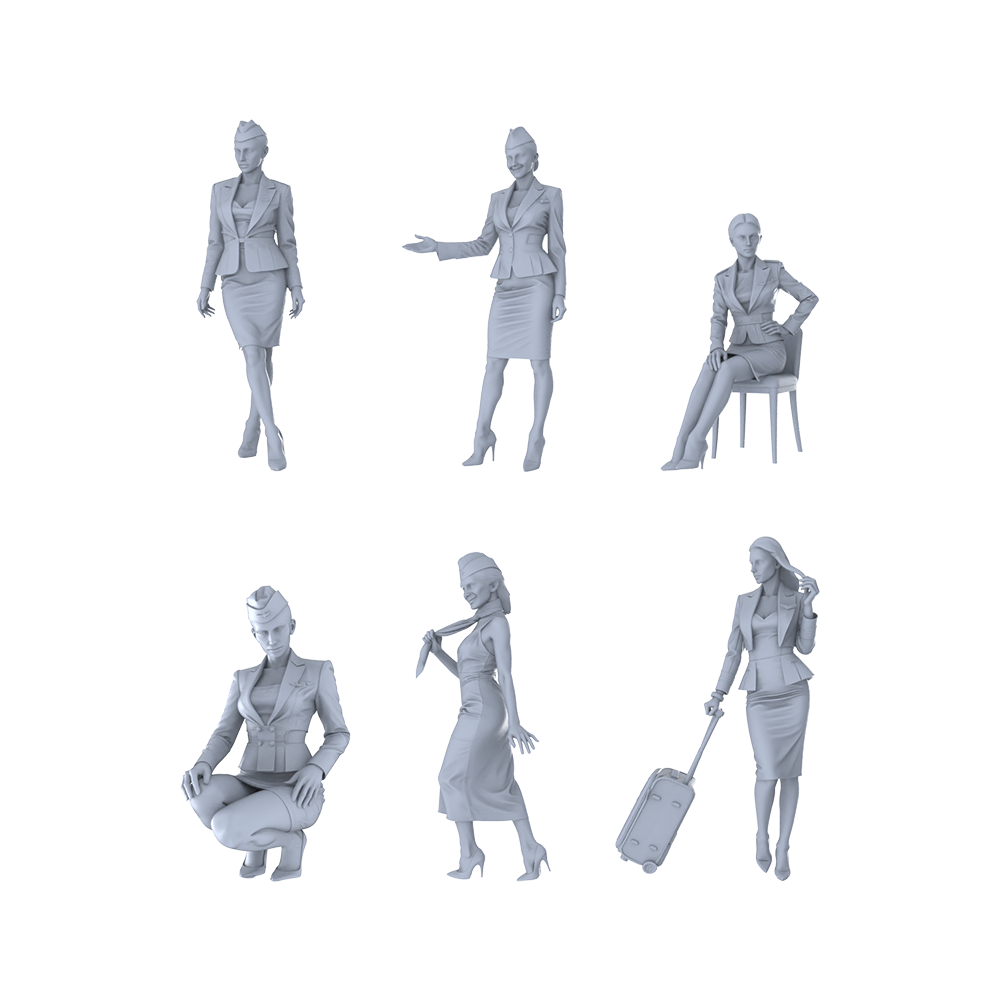 MRY-SFW LYTR555 Modern Flight Attendants Pose Group of 6 Miniature Car Diorama Figures Scene Props Accessories Resin 3D Printed Resin Model Kit by SSMODEL