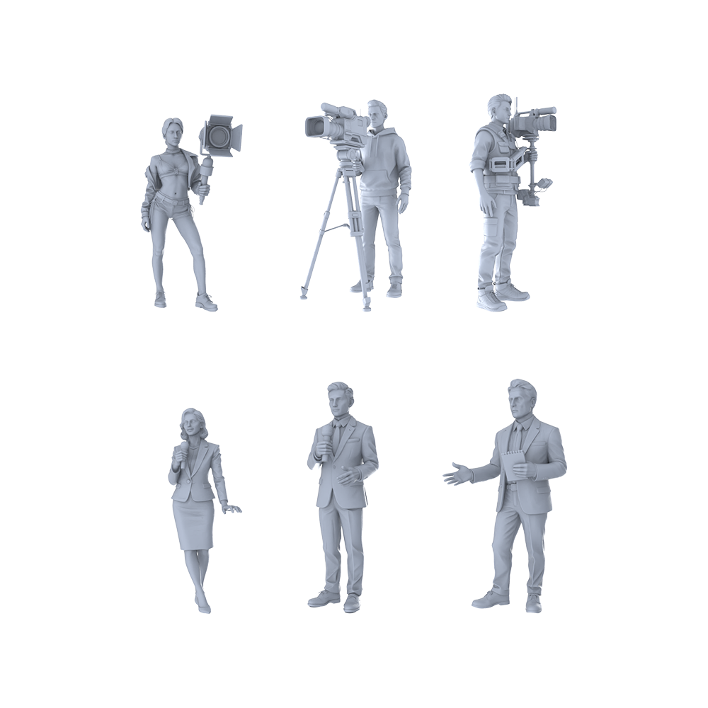 MRY-SFW LYTR567 Modern Media News Professionals Pose Group of 6 Miniature Car Diorama Figures Scene Props Accessories Resin 3D Printed Resin Model Kit by SSMODEL