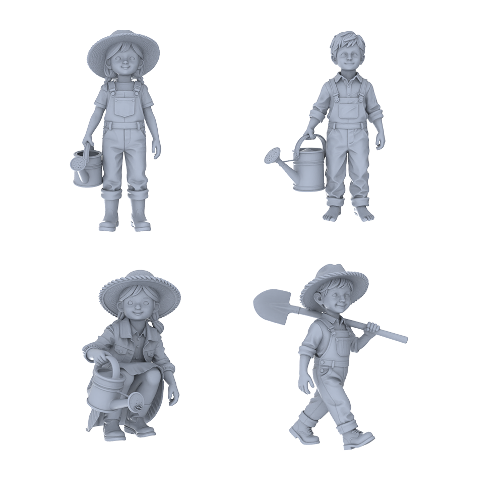 MRY-SFW LYTR781 Children Gardening Laboring Figure 4 pcs Miniature Car Diorama Figures Scene Props Accessories Resin 3D Printed Resin Model Kit by SSMODEL