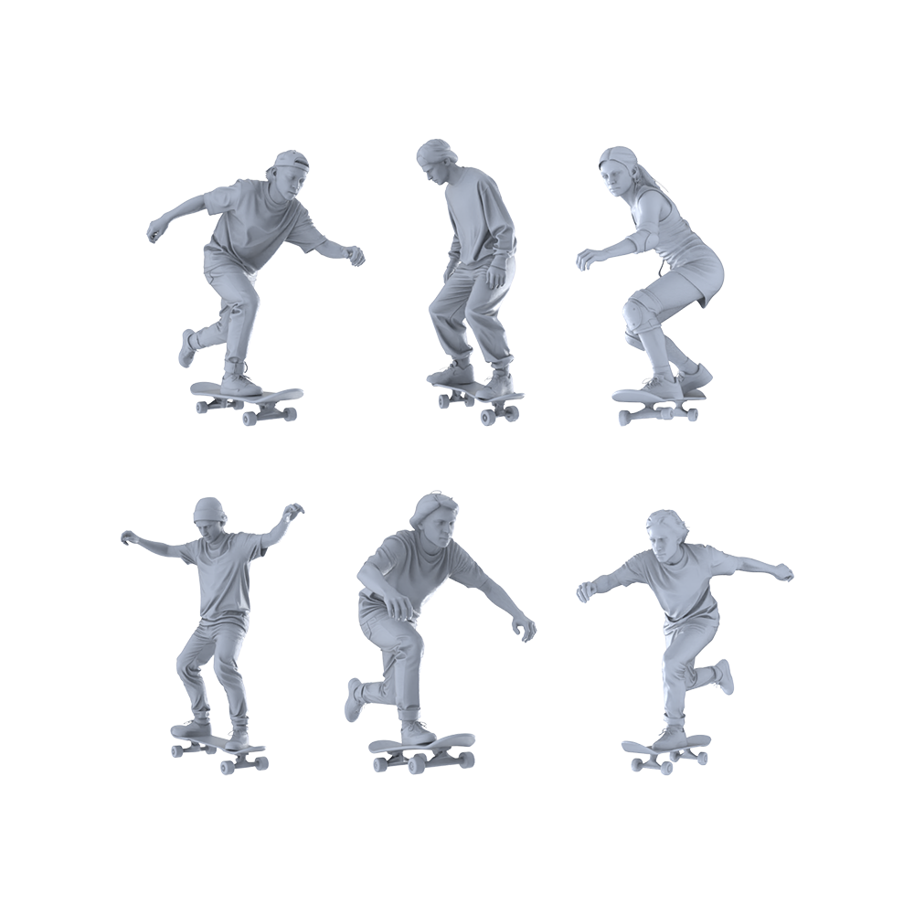 MRY-SFW LYTR553 Modern Street Skateboarders Pose Group of 6 Miniature Car Diorama Figures Scene Props Accessories Resin 3D Printed Resin Model Kit by SSMODEL