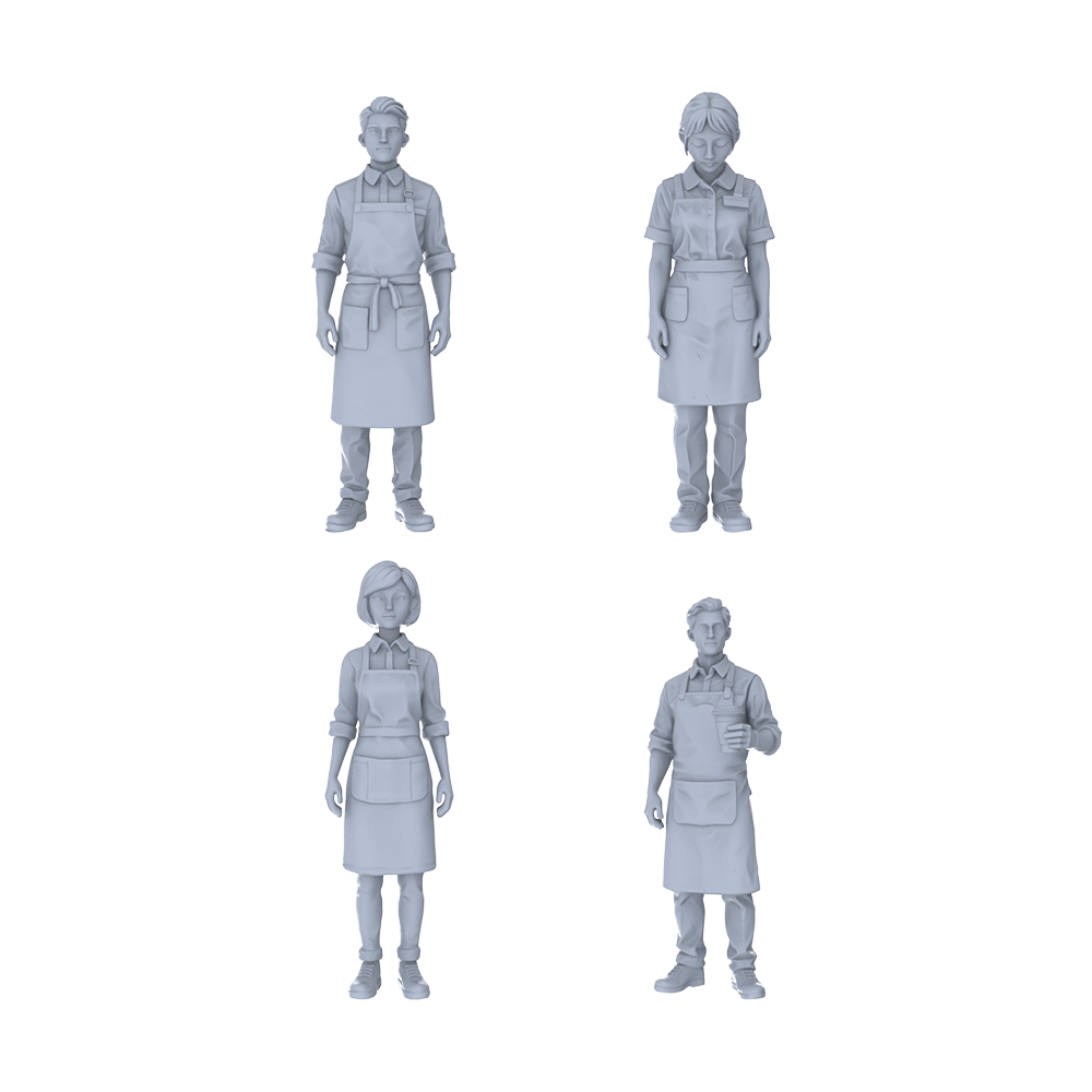 Yao's Studio LYTR230  Miniature Food Service 4-Piece Unpainted Models - Apron Staff Figures for DIY Diorama & Custom Painting Miniatures Diorama Resin Figures 3D Printed Resin Model Kit by SSMODEL