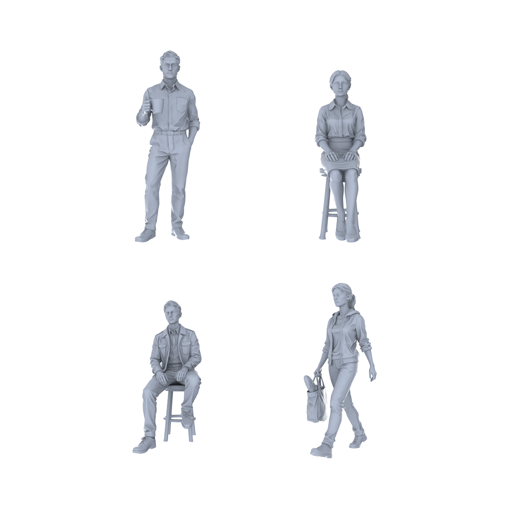 Yao's Studio LYTR232 Unpainted Miniature Commute Street 4-Piece Set - Casual Passersby & Bag-Carrying Pedestrians for Diorama Creation Miniatures Diorama Resin Figures 3D Printed Resin Model Kit by SSMODEL