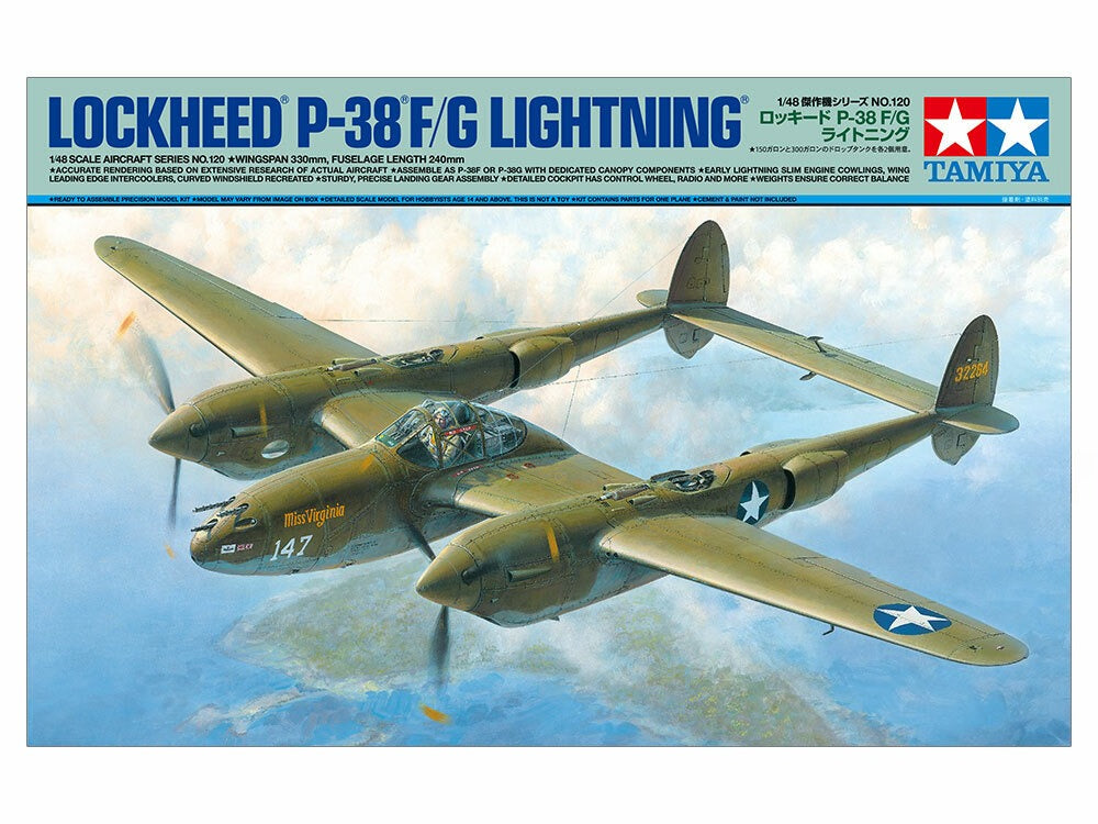 Tamiya 61120 1/48 Scale Model Aircraft Kit WWII USAF Lockheed P-38 F/G Lightning — scale model kit