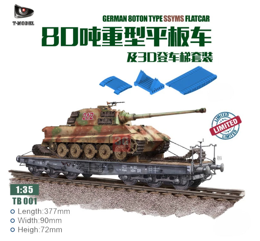 T-Model TB001 1/35 German 80ton Type SSYMS Flatcar Schwerer Platformwagen — scale model kit