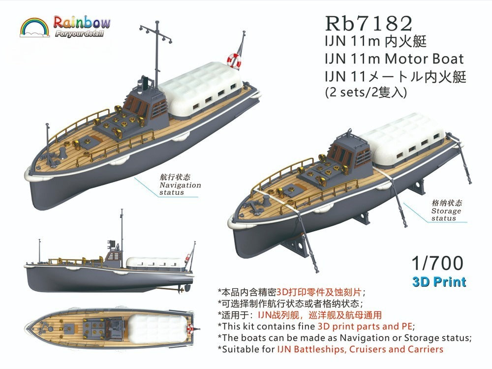 Rainbow RB7182 1/700Detail Up IJN 11m Motor Boat [2sets|3DP+PE] — scale model kit
