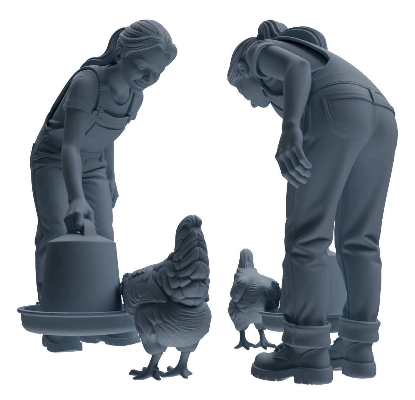 Detail view of MRY-SFW LYTR915 Farm Worker with Poultry and Horse Modern Model 3 pcs Model