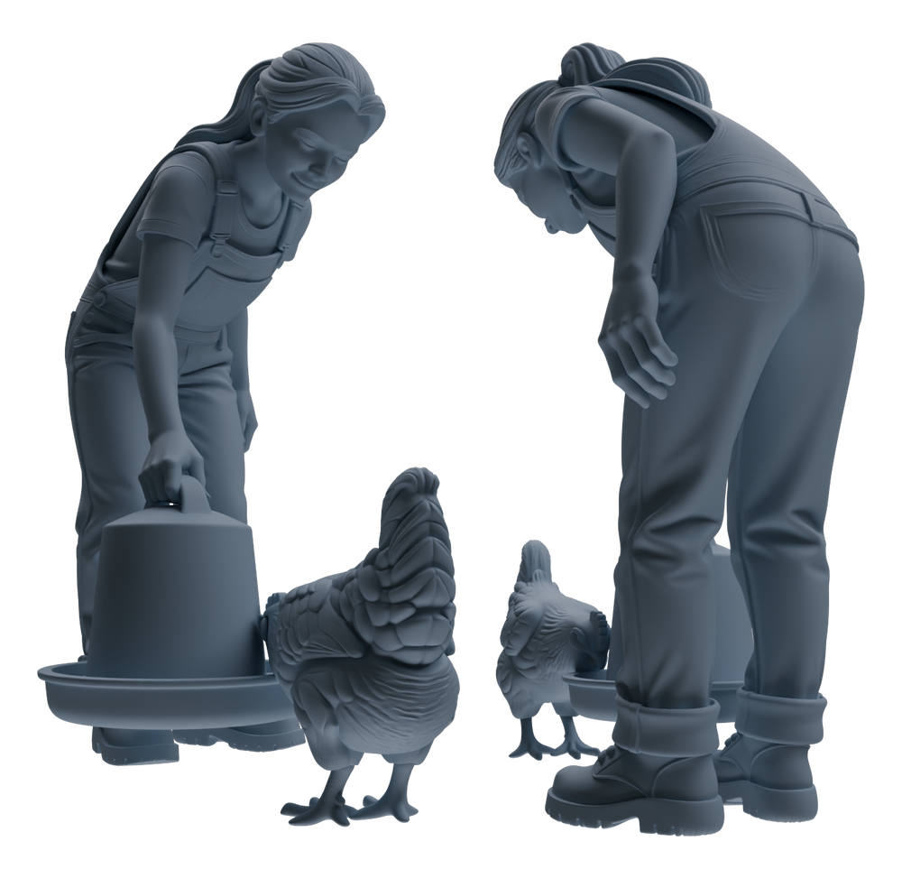 Detail view of MRY-SFW LYTR915 Farm Worker with Poultry and Horse Modern Model 3 pcs Model