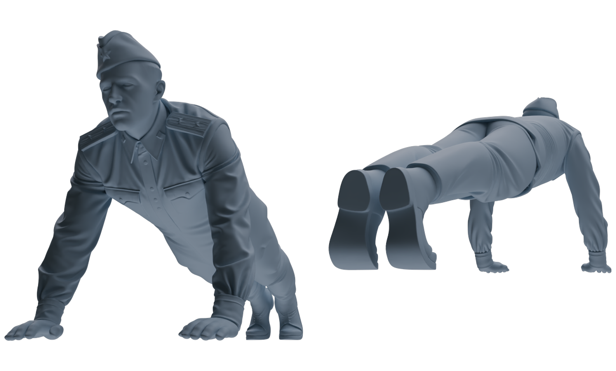 Detail view of MRY-SFW LYGR728 WWII Soviet Army War Scene Six-Person Physical Training Group Model