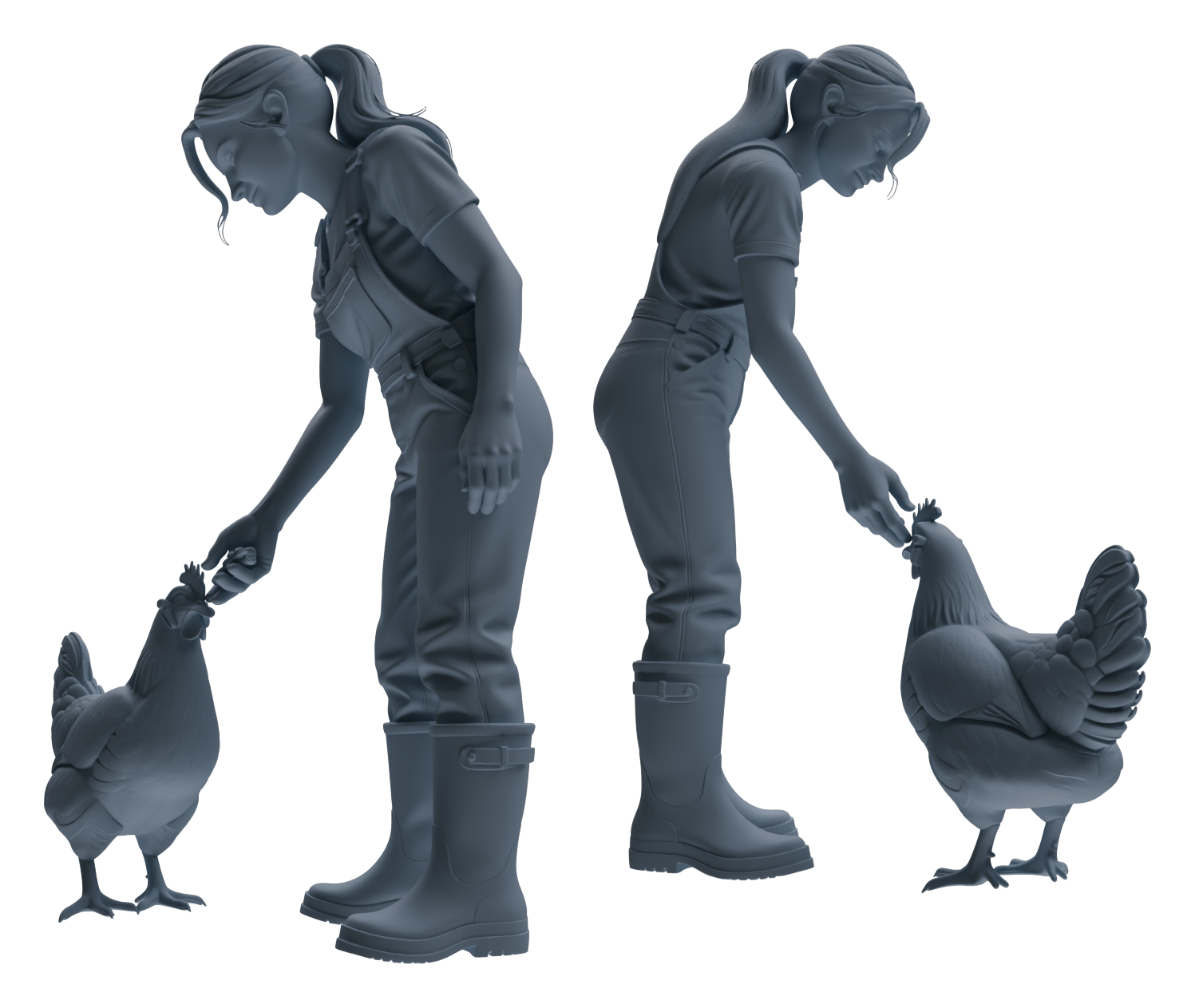 Detail view of MRY-SFW LYTR915 Farm Worker with Poultry and Horse Modern Model 3 pcs Model