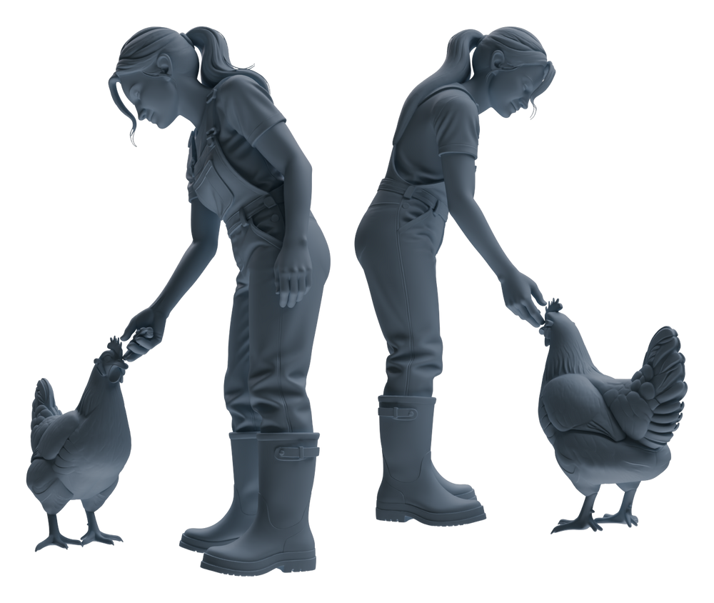 Detail view of MRY-SFW LYTR915 Farm Worker with Poultry and Horse Modern Model 3 pcs Model