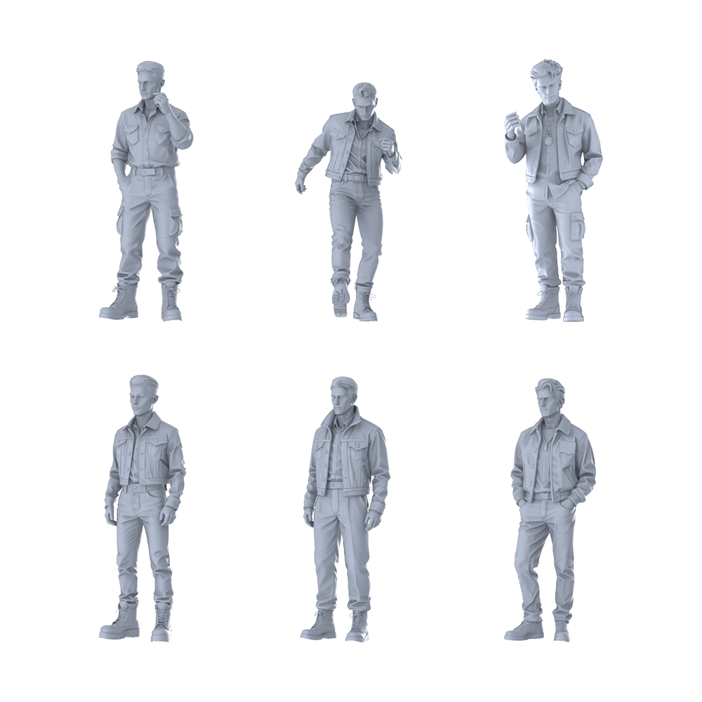 MRY-SFW LYTR623 Modern Workwear Trend Style Youth Male Multi-Pose Six-Person Set Miniature Car Diorama Figures Scene Props Accessories Resin 3D Printed Resin Model Kit by SSMODEL