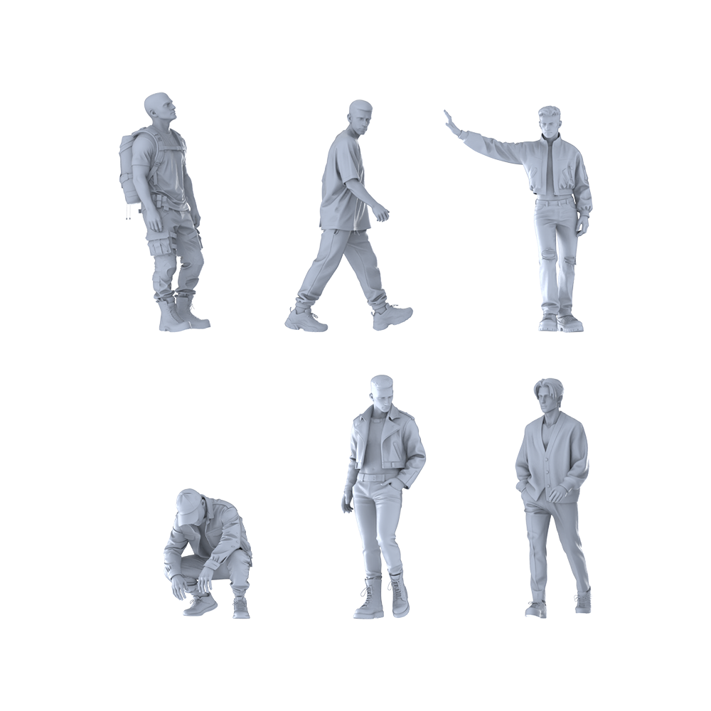 MRY-SFW LYTR621 Modern Functional Trend Style Youth Male Multi-Pose Six-Person Set Miniature Car Diorama Figures Scene Props Accessories Resin 3D Printed Resin Model Kit by SSMODEL